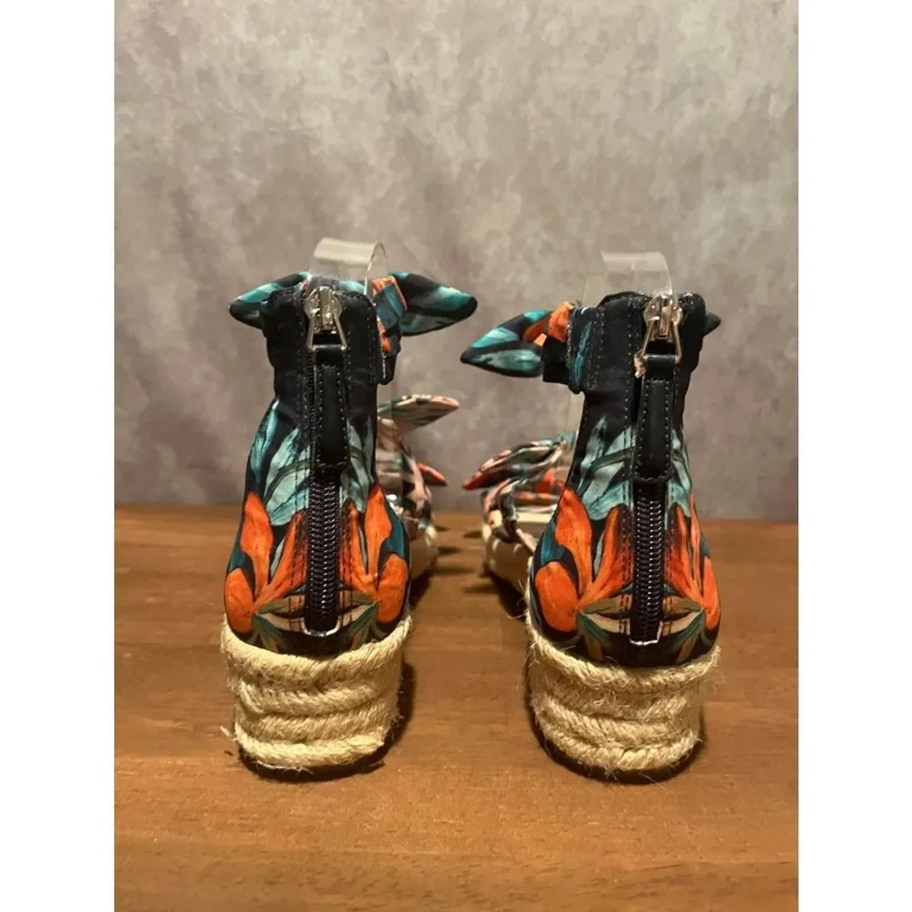 Nine West Floral Espadrille 3 Bow Allegro Ankle-Tie Sandals Teal & Coral size 8
